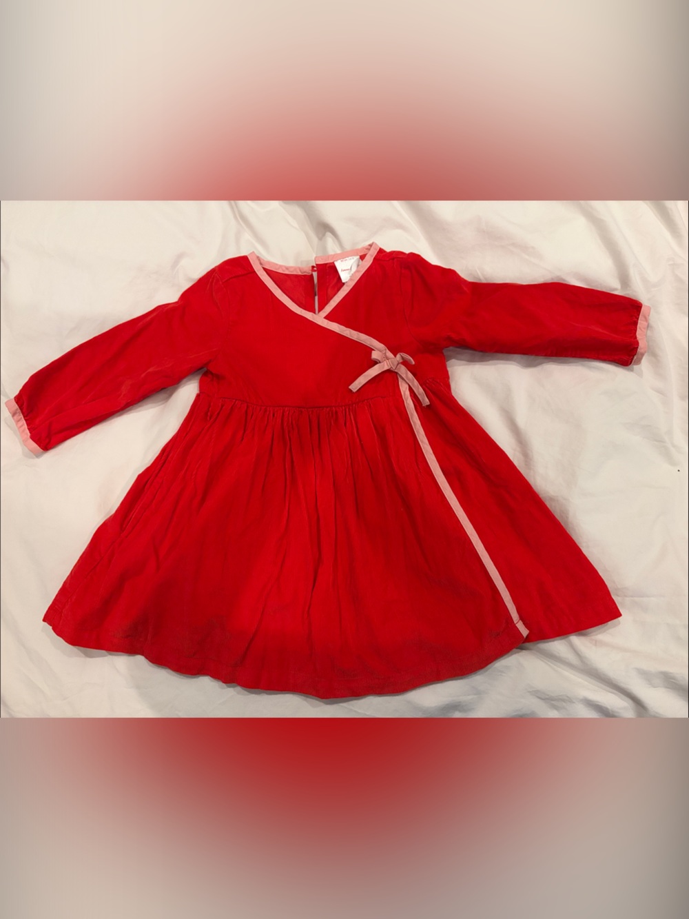 Red Girls Corduroy Dress with Pink Trim
